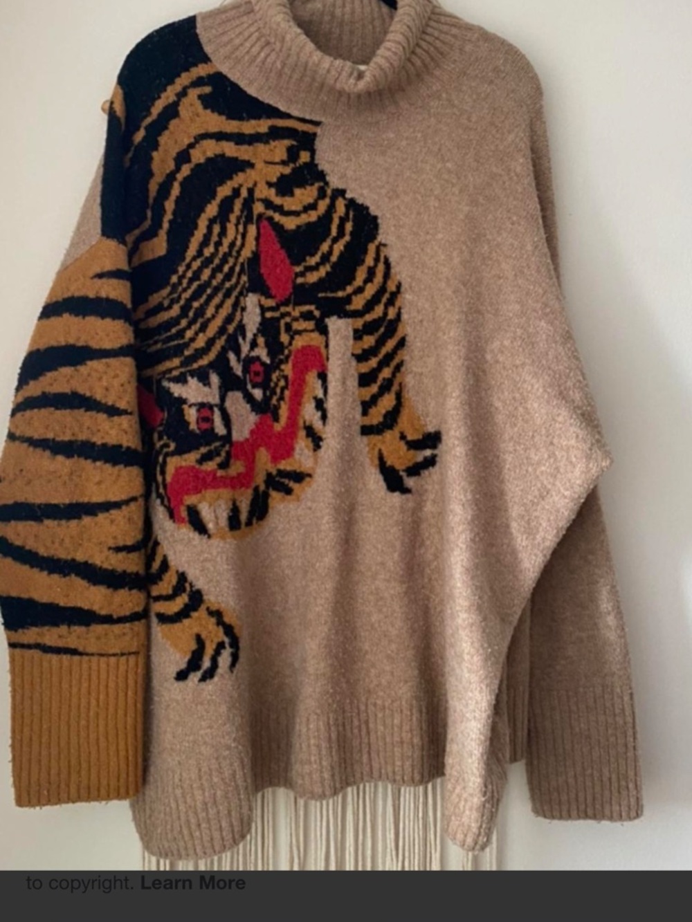 H&M Beige Tiger Intarsia Turtleneck Sweater with Black, Gold and Red Accents